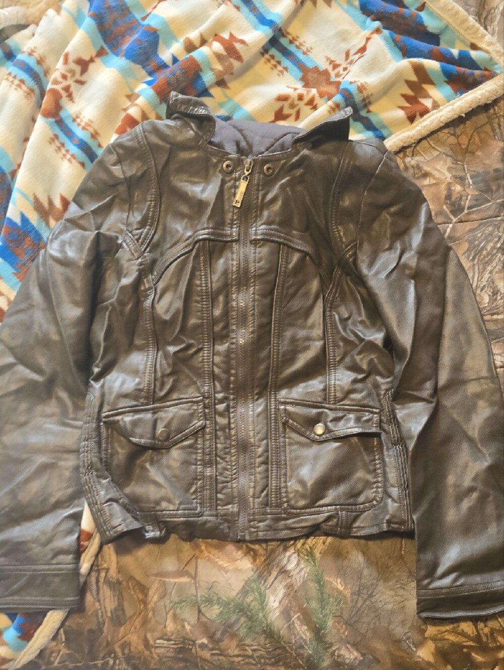 Women's Grey Faux Leather Hooded Jacket